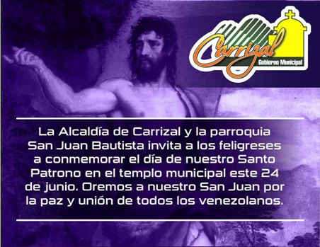 Las festividades religiosas se realizarán este sábado 24 de junio durante todo el día con repique de tambores y misas solemnes